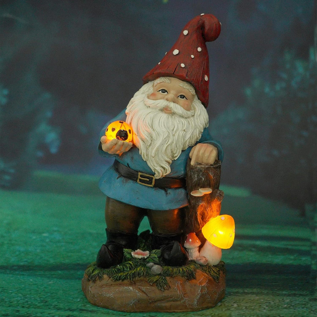 Topadorn Garden Gnome Statue LED Light Solar Energy Gnome Figurine with Ladybug on Hand Mushroom for House, Lawn Decor 11 Inch