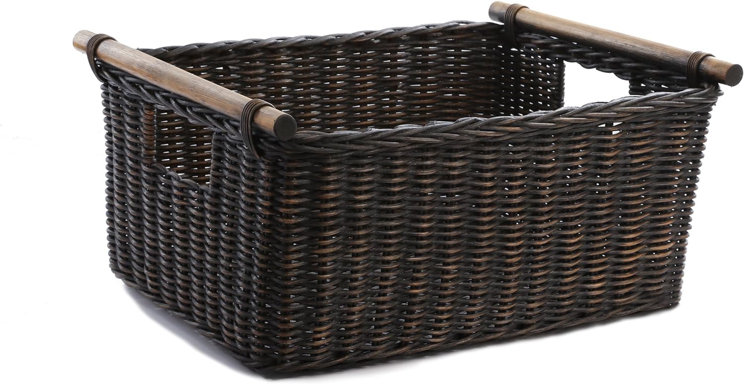 The Basket Lady Pole Handle Wicker Storage Basket, Extra Large, 20 in L x 16 in W x 10 in H, Antique Walnut Brown
