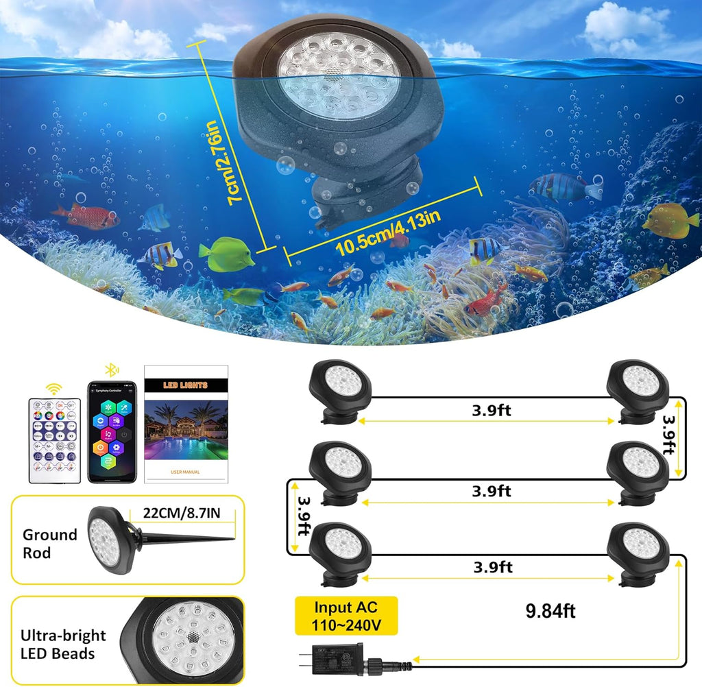 T-SUN Colored Pond Lights with APP and Remote Control – Bright LED Underwater Submersible Fountain Lights, IP68 Waterproof Landscape Spotlight for Garden Koi Pond Aquarium Fish Tank (Set of 6)