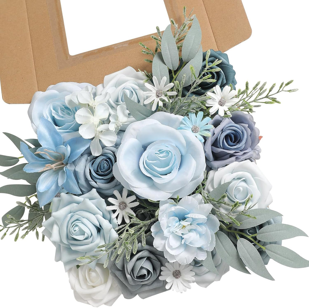 Blue Artificial Flowers Silk Fake Roses Peonies Greenery Combo Box Set for DIY Wedding Bouquets Bridal Shower Centerpieces Floral Arrangements Party Tables Home Decoration