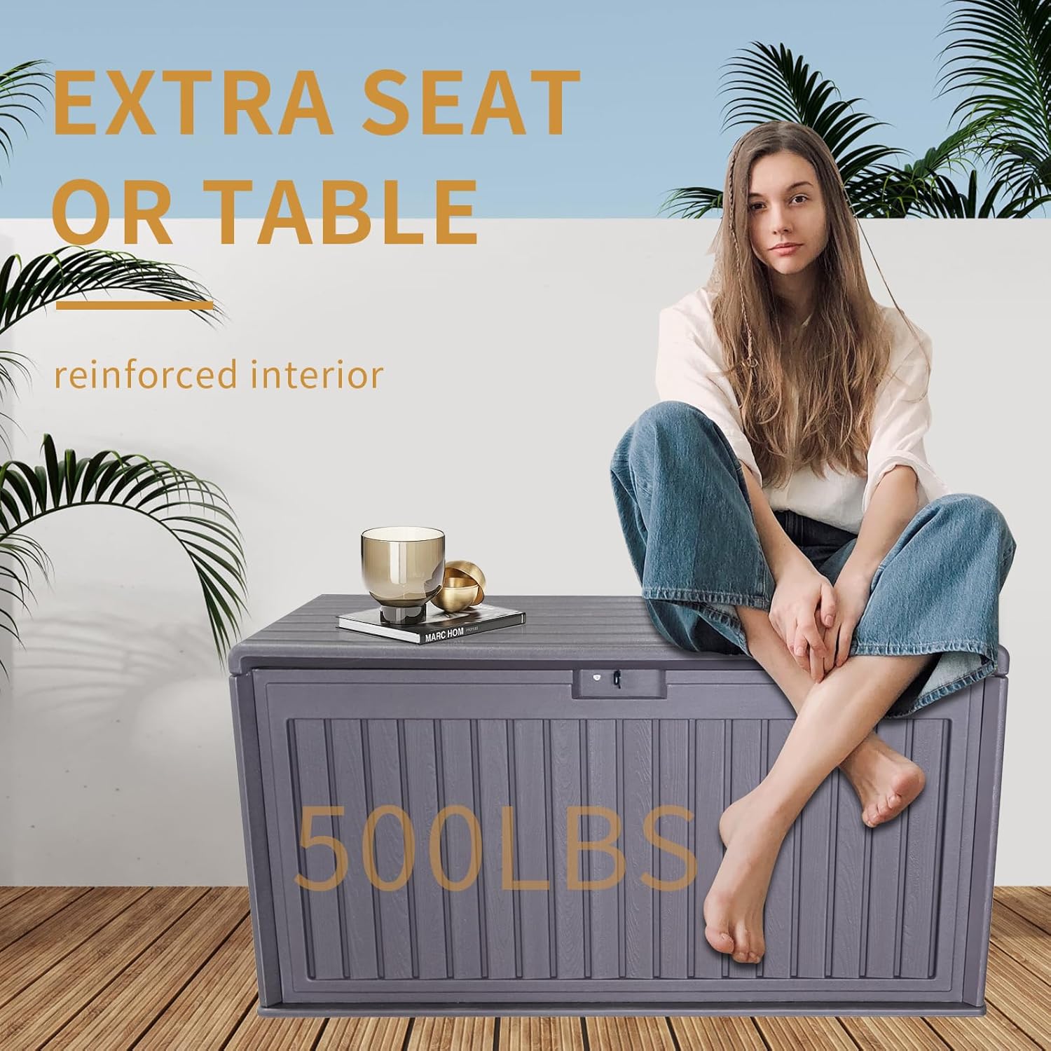 KUIKUI 130 Gallon Deck Box Waterproof, Pool Storage Box, Outside Resin Deck Box for Patio Cushions, Garden Tools and Sports Pools Equipment