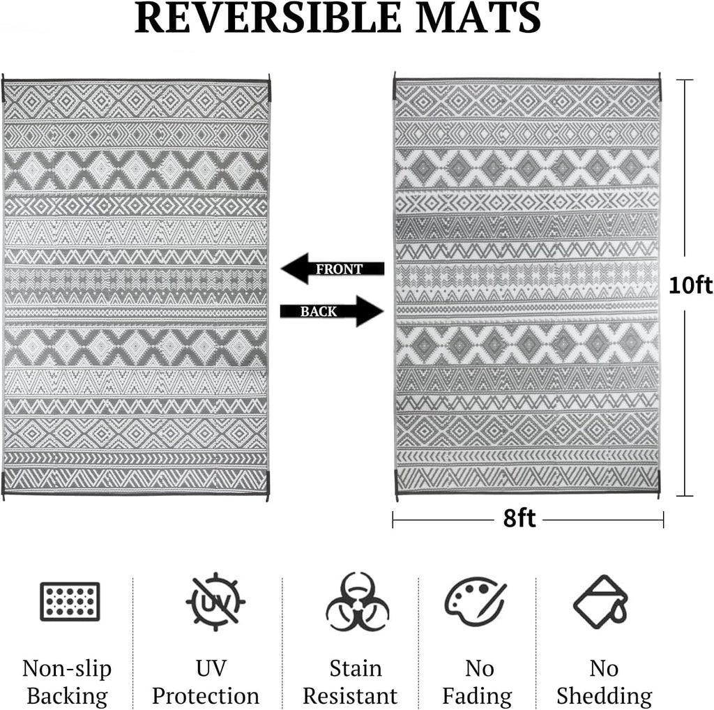 8'x10' Reversible Outdoor Rug - Eco-Friendly Plastic Straw Rug-Heavy-Duty Waterproof Mat, UV & Fade Resistant for Patio, Camping, RV, Deck, Balcony(8x10,Gray&White)