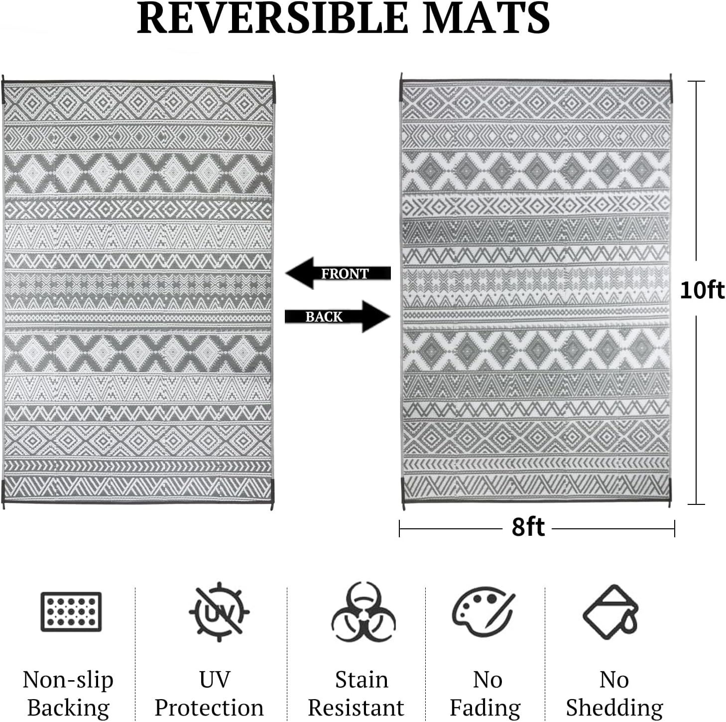 9'x12' Reversible Outdoor Rug - Eco-Friendly Plastic Straw Rug-Heavy-Duty Waterproof Mat, UV & Fade Resistant for Patio, Camping, RV, Deck, Balcony(9x12,Gray&White)