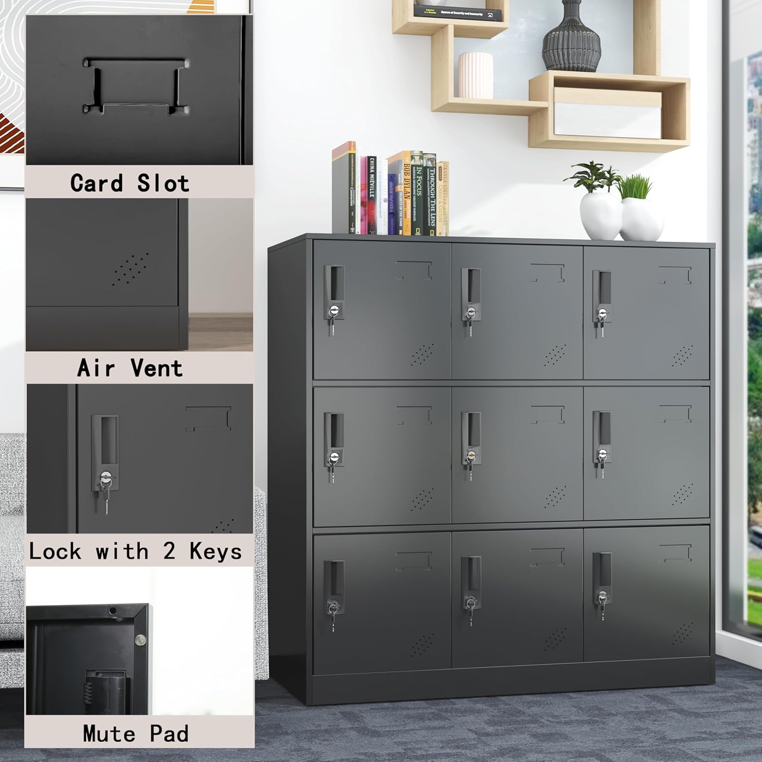 9 Door Metal Storage Locker for Employee,School,Office,Gym,Garage,Locker Cabinet with Lock and Card Slot (9 Door, Black)