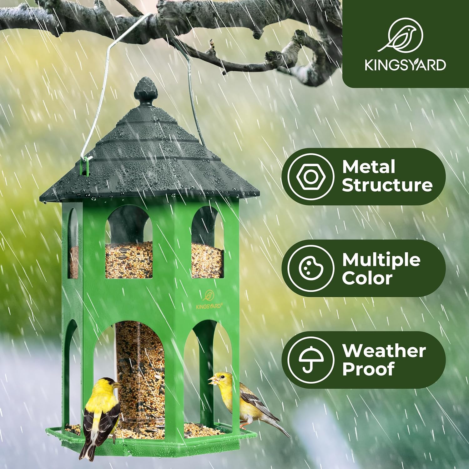Kingsyard Metal Bird Feeder for Outdoor Hanging, Wild Bird Feeders with Circular Perch, Easy to Clean & Refill, 4 lbs Large Seed Capacity, Green