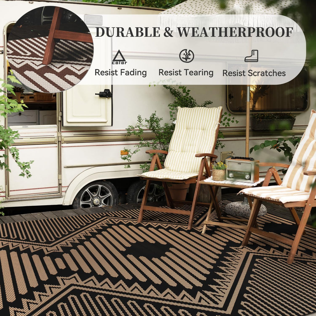 MontVoo Outdoor Rug 8x10 Waterproof Patio Rug-Outdoor Carpet Mat Reversible Plastic Straw Outside Outdoor Rug for RV Camping Picnic Balcony Backyard Pool Deck Porch Modern Boho Black Brown