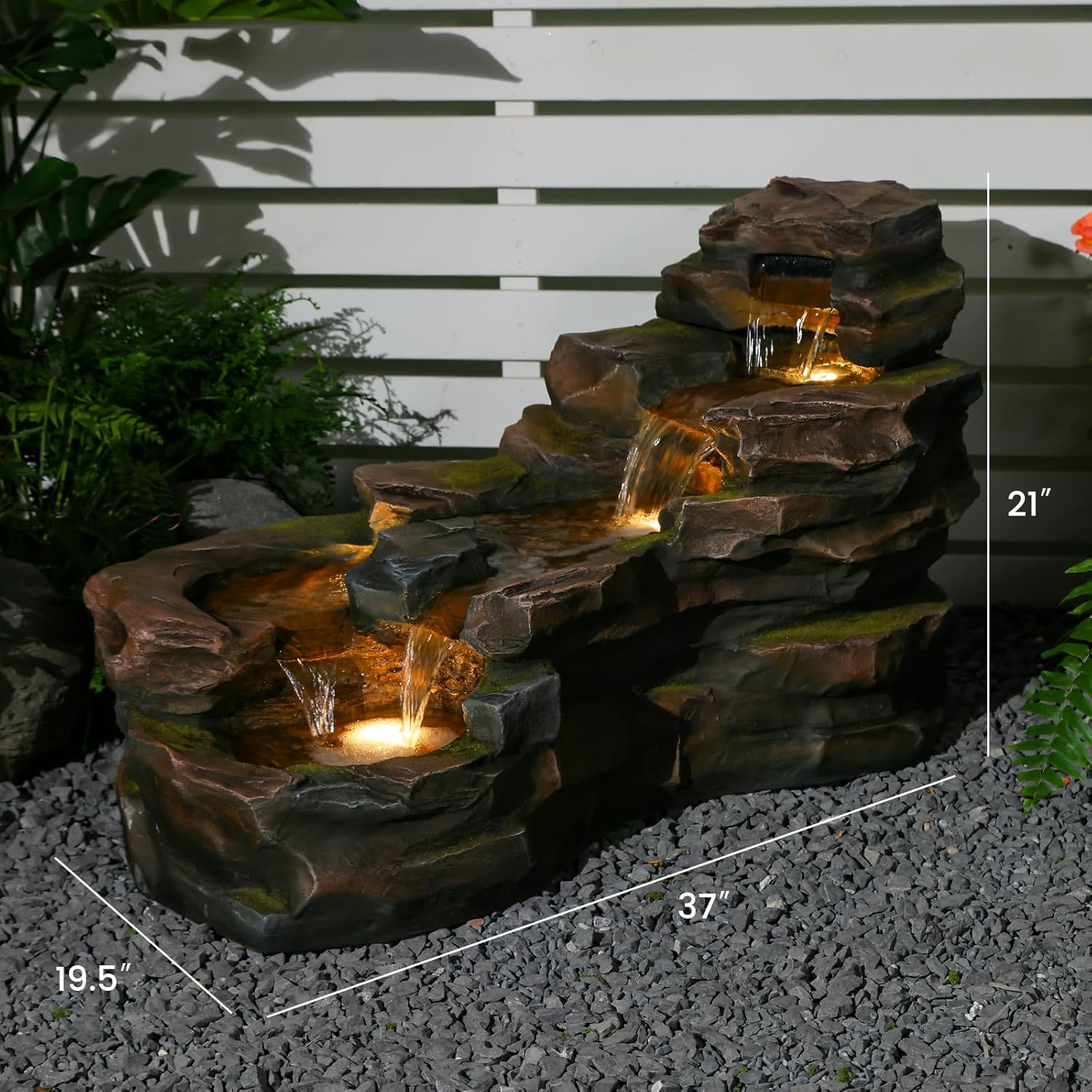 Water Fountain Outdoor Floor Standing 5-Tiers Rock Natural Waterfall Outdoor Garden Fountains with LED Lights for Patio, Porch, Home Art Decor