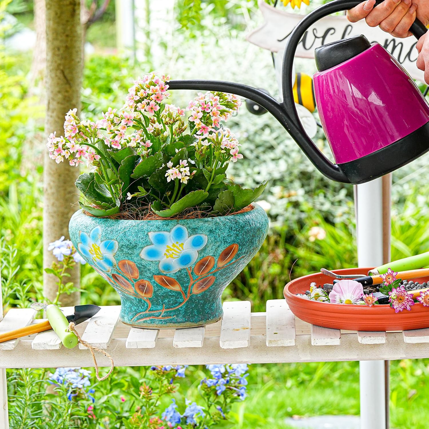 Sungmor 9.6 Inch Large Succulent Plant Pots, Pretty Hand Painted Ceramic Planter with Drainage, Indoor Outdoor Cactus Planter Bonsai Pot, Flower Pot for Indoor Plants Garden Windowsill Desktop Decor