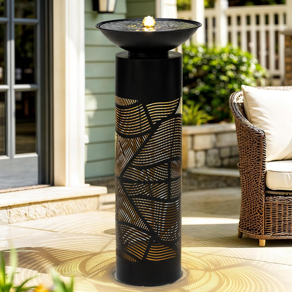 31.5" H Metal Cutout Geometric Patterns Outdoor Water Fountain with LED Lights, 2-Tier Modern Pedestal Waterfall Fountains, Ideal for Garden, Yard, Patio Décor