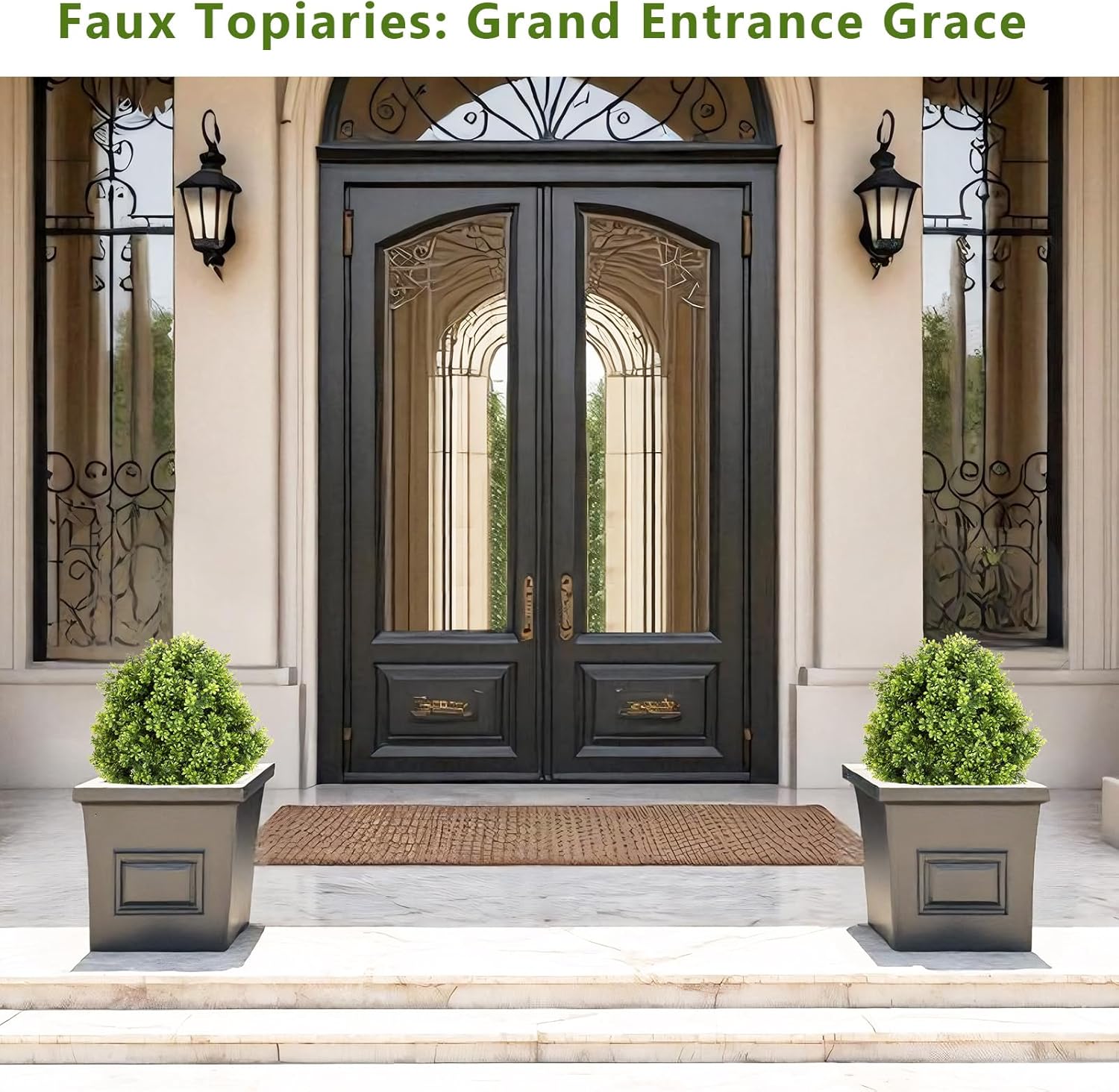 27“ Realistic Artificial Boxwood Topiary Trees Set of 2, Faux Boxwood Plants Outdoor UV-Resistant, No Maintenance Curb Appeal Fake Evergreen Bushes & Shrubs for Front Porch Outside Planter Decor