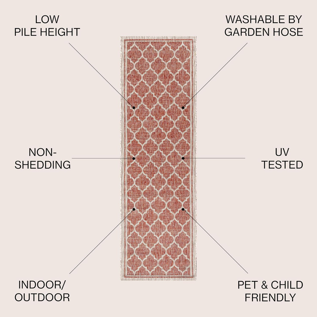 Eyely BMS109C-220 Santa Monica Trebol Moroccan Trellis Textured Weave, Pet Friendly, Non-Shedding, Stain Resistant, Easy-Cleaning, Red/Beige, 2 ft. x 20 ft., Indoor/Outdoor, Runner Rug