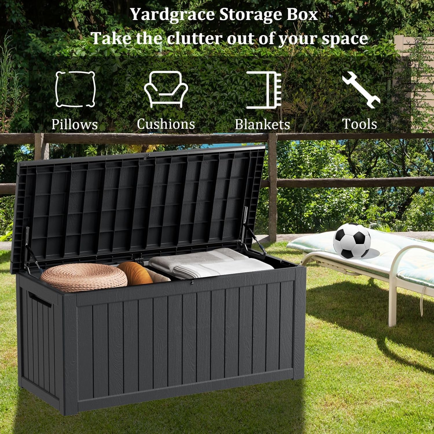 270 Gallon Waterproof Deck Box, Lockable Resin Storage Box for Patio Furniture Cushions Garden Tools and Outdoor Delivery Storage, Black