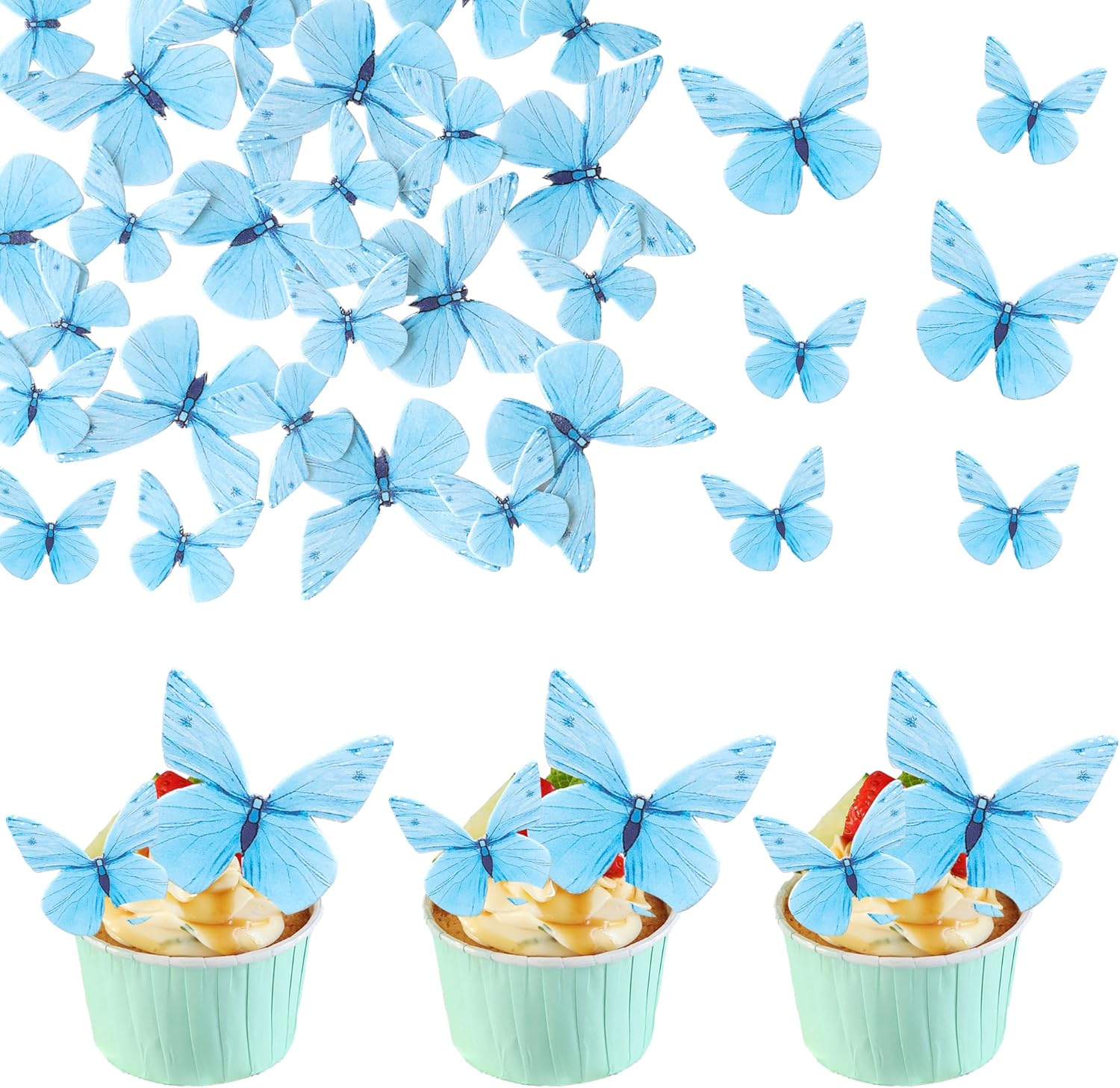 Ephlyn 72Pcs Edible Butterfly Cupcake Toppers 3D Realistic Butterfly Cake Picks Cute Cupcake Decorations for Baby Shower Theme Boys Girls Birthday Party Decorations Blue