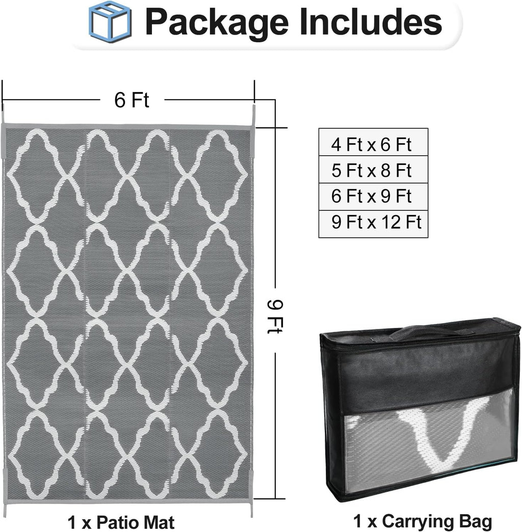 OutdoorLines Outdoor Plastic Area Rugs for Patio 6x9 ft - Reversible Outside Carpet, Stain & UV Resistant RV Mats, Straw Rug for Camping, Deck Garden, Porch and Balcony, Moroccan Grey & Light Grey