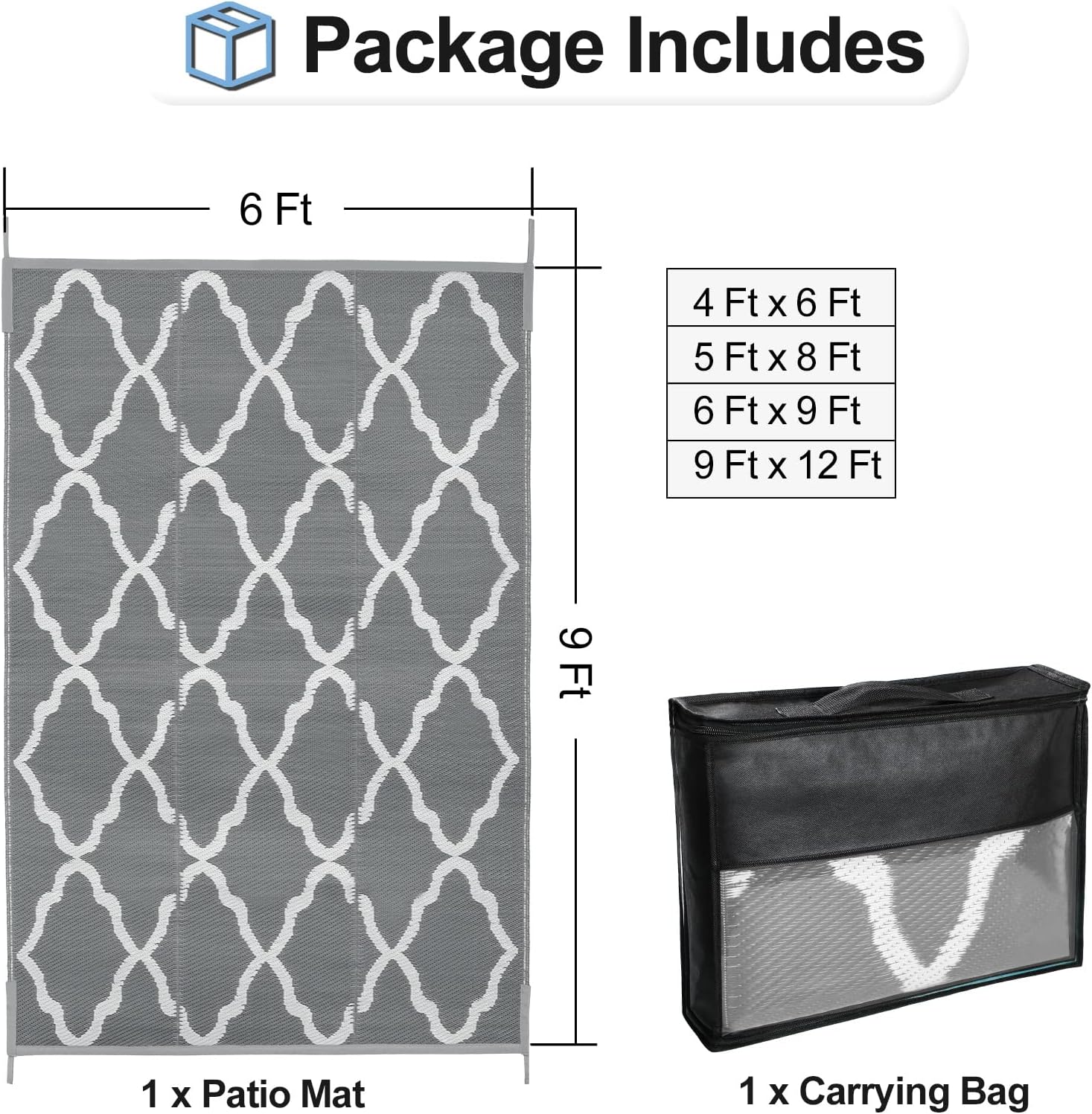 OutdoorLines Outdoor Plastic Area Rugs for Patio 6x9 ft - Reversible Outside Carpet, Stain & UV Resistant RV Mats, Straw Rug for Camping, Deck Garden, Porch and Balcony, Moroccan Grey & Light Grey