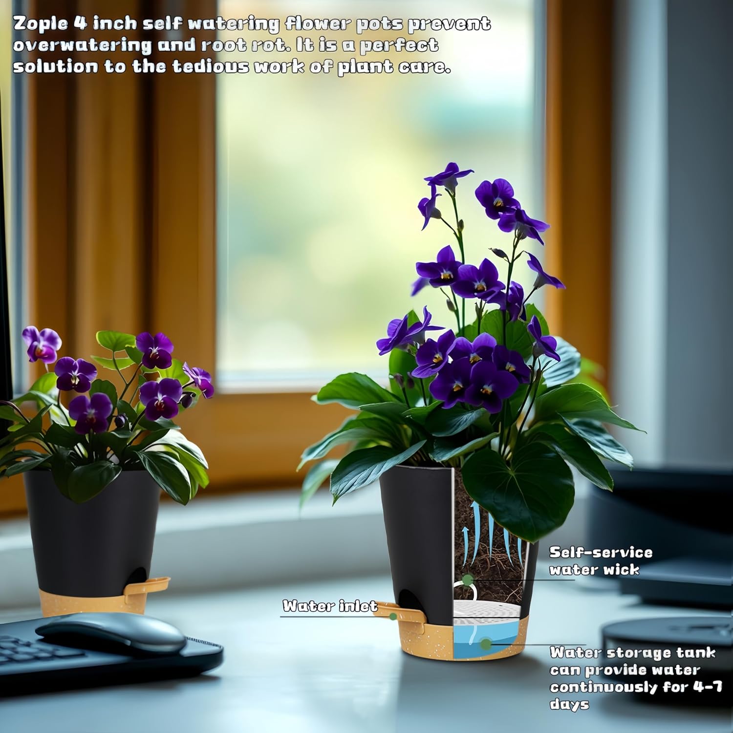 12 Pack 4 Inch Self Watering Plant Pots with Drainage and Saucers，Plastic Flower Pots for Indoor and Outdoor Plants, Nursery Planters for Houseplants and Herbs Black Brown, 4 inch 12pcs