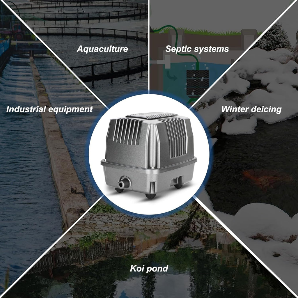 Pond Aeration Kit|Linear Aeration Pump Kit| Koi Pond Aerator | For Pond up to 5000 Gallons 1.06CFM 4.35PSI 18W| Includes One 20ft Rubber Airlines and Diffusers