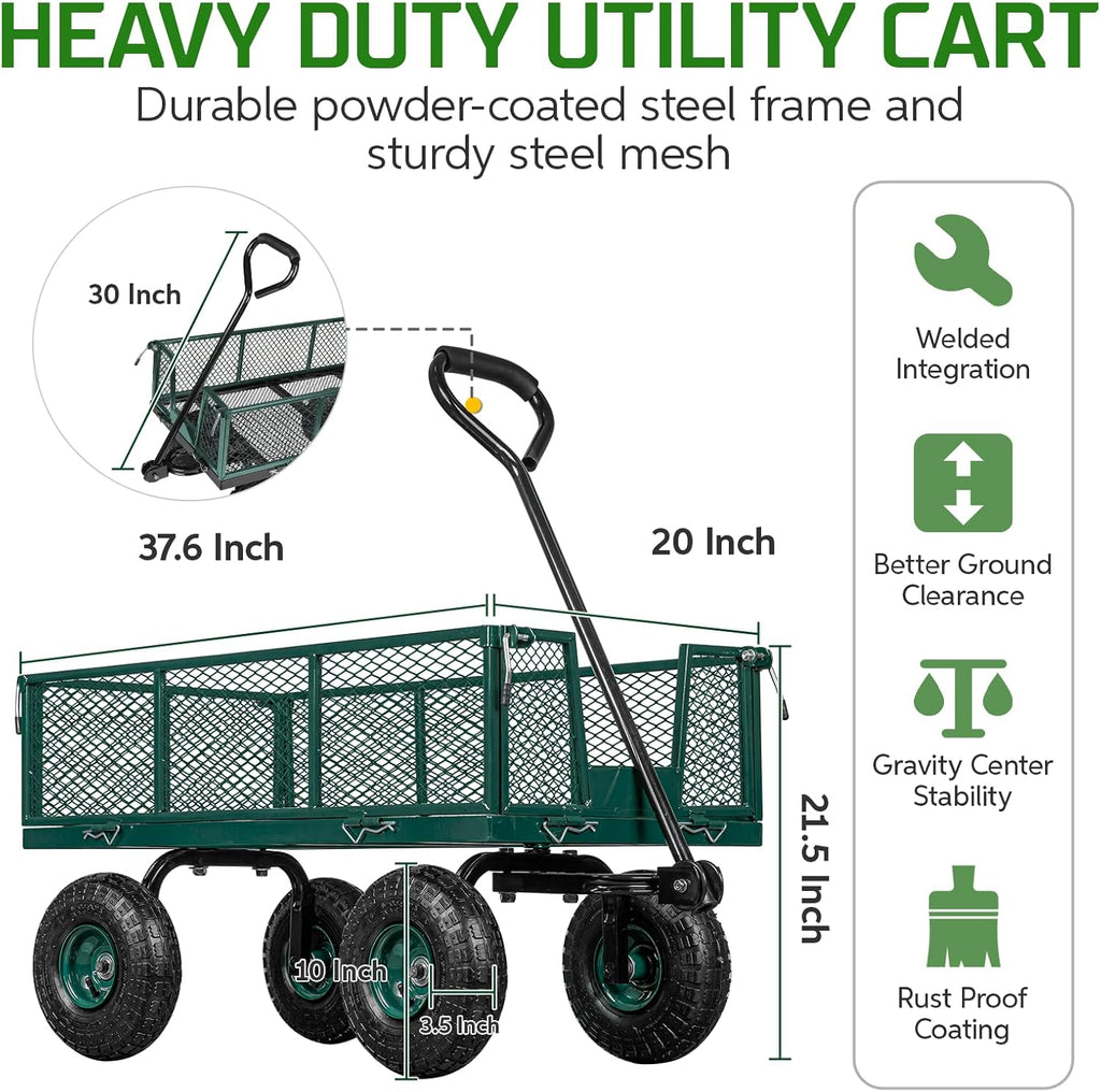TAIFA Heavy Duty Steel Garden Cart 880 Lbs Capacity with Removable Sides for Yard Lawn and Farm, Metal Utility Wagon with 180° Rotating Handle, Green