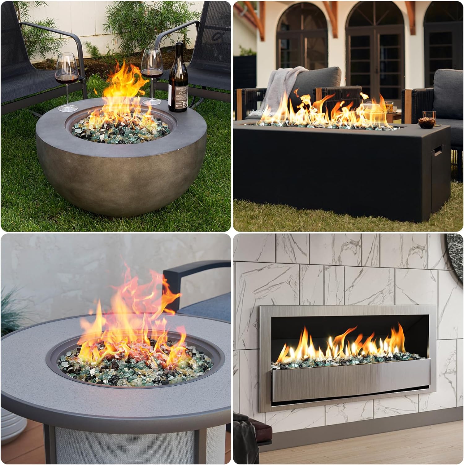 Mr. Fireglass 10 Pounds Blended Fire Glass - 1/4 Inch Mixed Colored High Luster Reflective Tempered Fireglass Rocks for Fireplace Fire Pit Table and Landscaping, Light Green+Onyx Black+Platinum