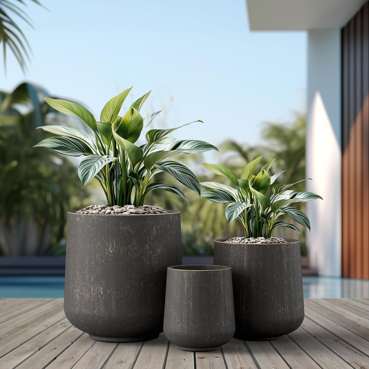 Kante 15.3"+11.6"+8.2" Dia Round Concrete Planter, Large Outdoor Indoor Planter Pots Containers with Drainage Holes and Rubber Plug for Home Garden Patio, Oil Rubbed Bronze
