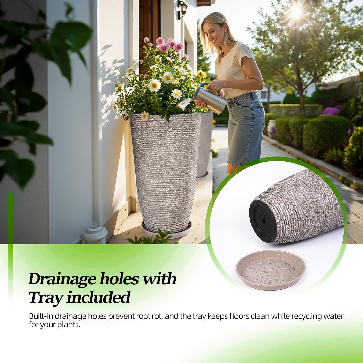 QCQHDU Set of 2 Oversized 9 Gallon Round Planters for Front Door & Patio - 12x21 Inch Tall Outdoor/Indoor Plant Pots with Drainage Tray, Gray Faux Stone Textured Tree Planters for Porch Decor