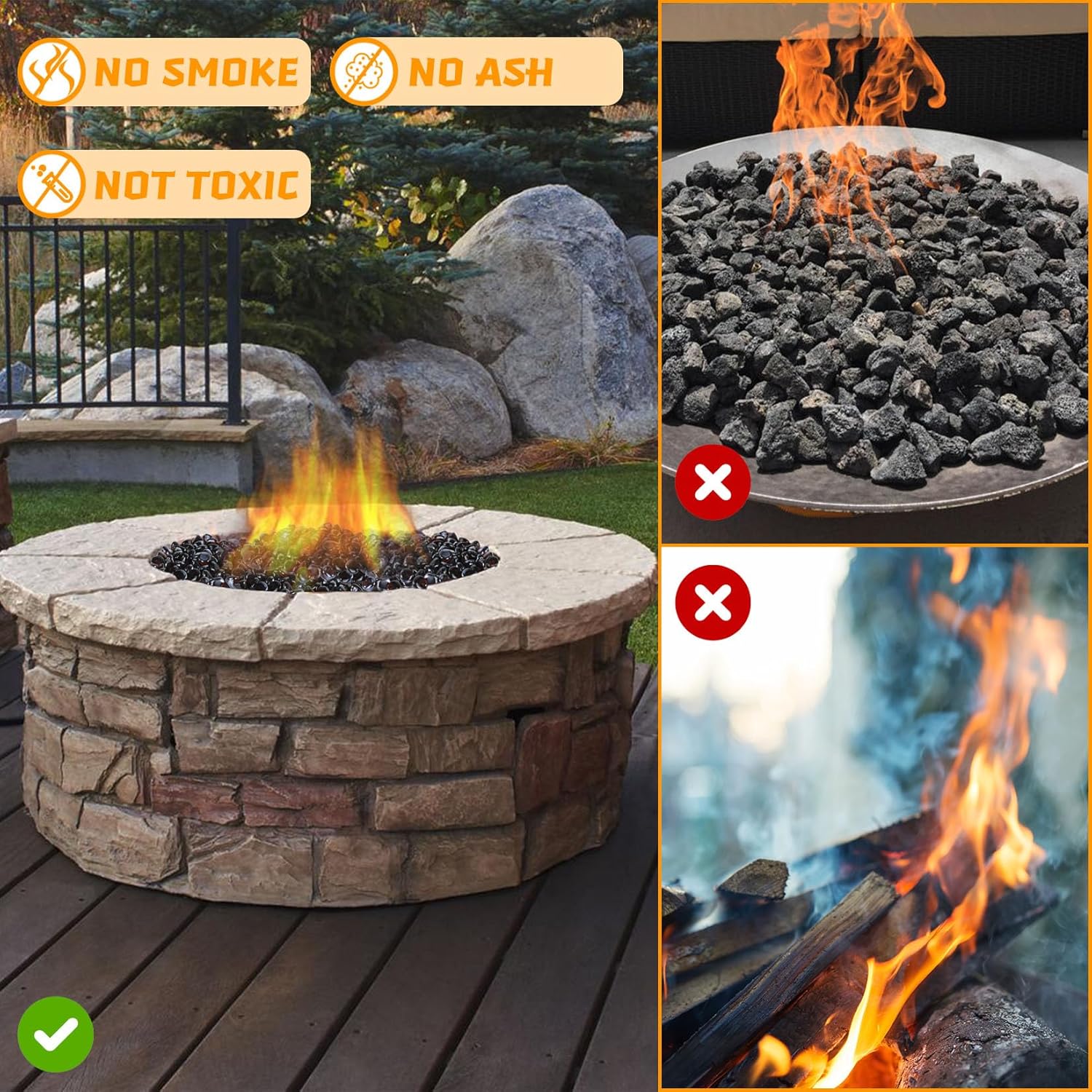 Amber 20 Pounds Fire Pit Glass Rocks, 1 Inch Diamond Glass Beads for Propane Fire Pit, Fireplace and Outdoor Decorative, High Luster