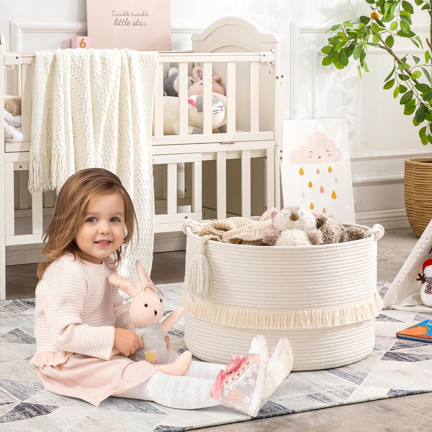 KAKAMAY Large Blanket Basket (20"x13"),Woven Baskets for storage Baby Laundry Hamper, Cotton Rope Blanket Basket for Living Room, Laundry, Nursery, Pillows, Baby Toy chest (White)