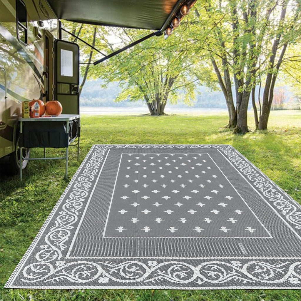 Pauwer Waterproof Outdoor Rug 6x9, Reversible Plastic Straw Patio Camping Rug, Indoor Outdoor RV Mat Carpet for Deck, Camper, Porch, Balcony, Backyard, Picnic, Bordered Grey