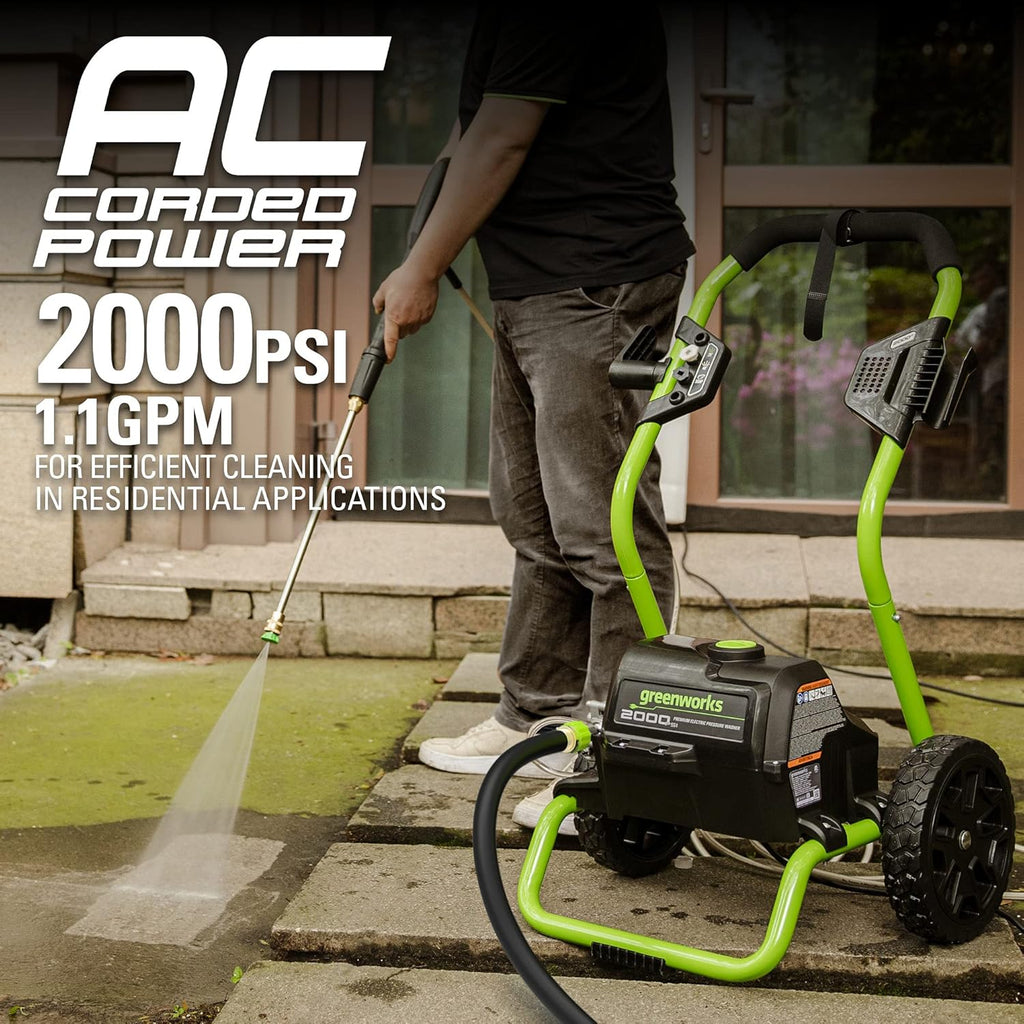 Greenworks 2000 PSI (13 Amp) Electric Pressure Washer (Wheels For Transport / 20 FT Hose / 35 FT Power Cord) Great For Cars, Fences, Patios, Driveways