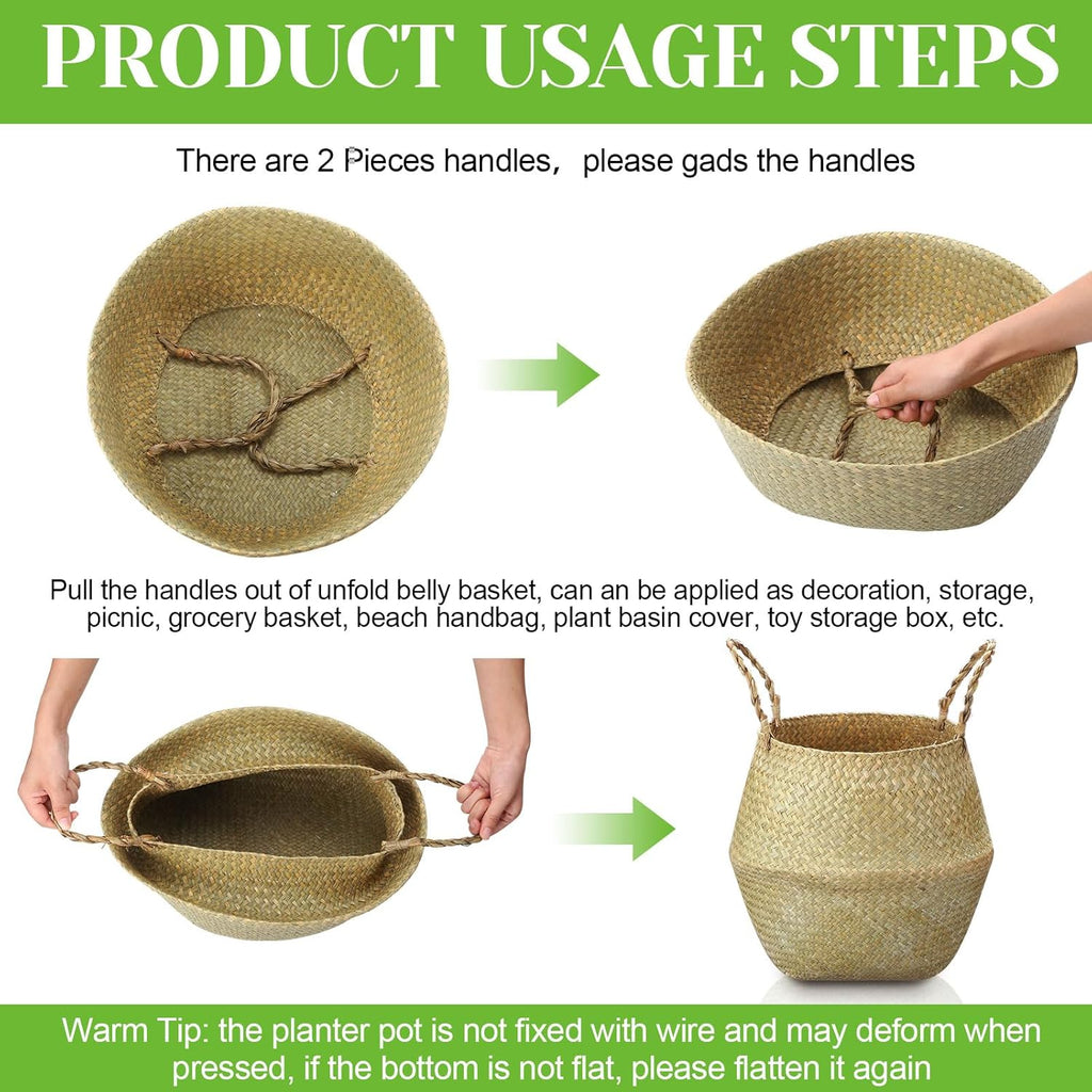Qunclay 4 Pcs Woven Seagrass Baskets Belly Basket Folding Boho Natural Plant Pot with Handles Round Decorative Wicker Large Indoor Planter for Home Outdoor Tree Planters Decor (13.78 x 12.2 Inch)