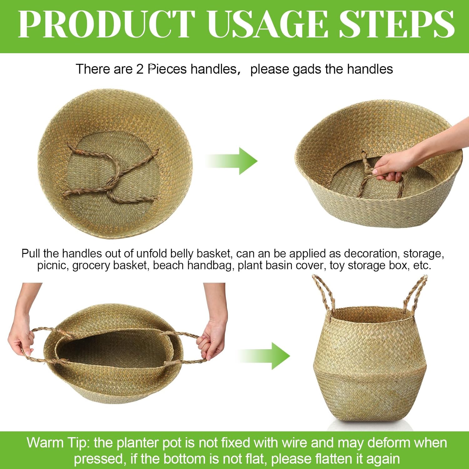 Qunclay 4 Pcs Woven Seagrass Baskets Belly Basket Folding Boho Natural Plant Pot with Handles Round Decorative Wicker Large Indoor Planter for Home Outdoor Tree Planters Decor (13.78 x 12.2 Inch)