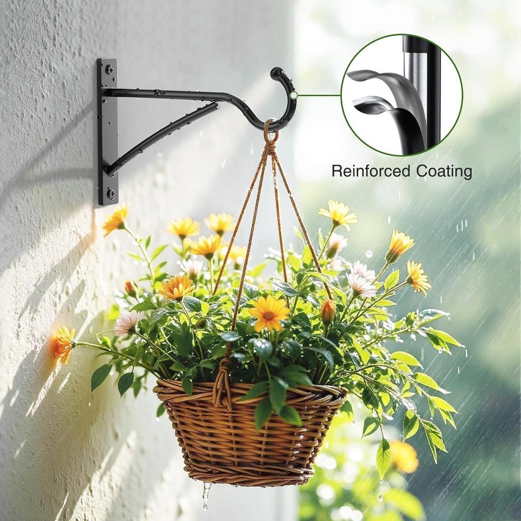 6 Inch 2 Pack Outdoor Plant Hanging Hooks for Wall:Metal Bracket for Hanging Baskets, Bird Feeders, Wind Chimes, Flower Baskets, Yoga Mat, Lanterns, Black