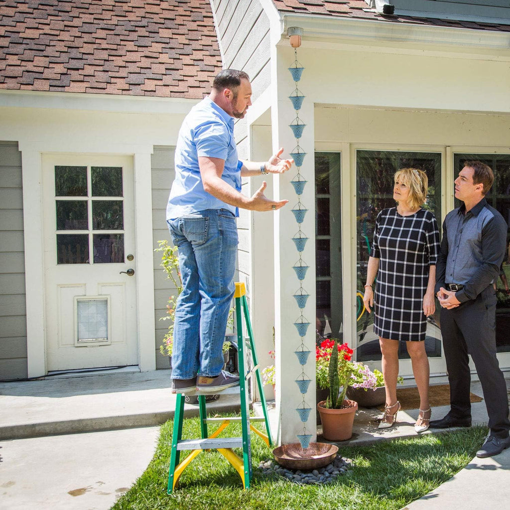 8.5FT Bell Iron Rain Chains for Gutter and Rain Barrel, Rust-Resistant Plated Garden Décor for Downspout, Bonus Rain Chain Gutter Adapter (Antique-Blue)