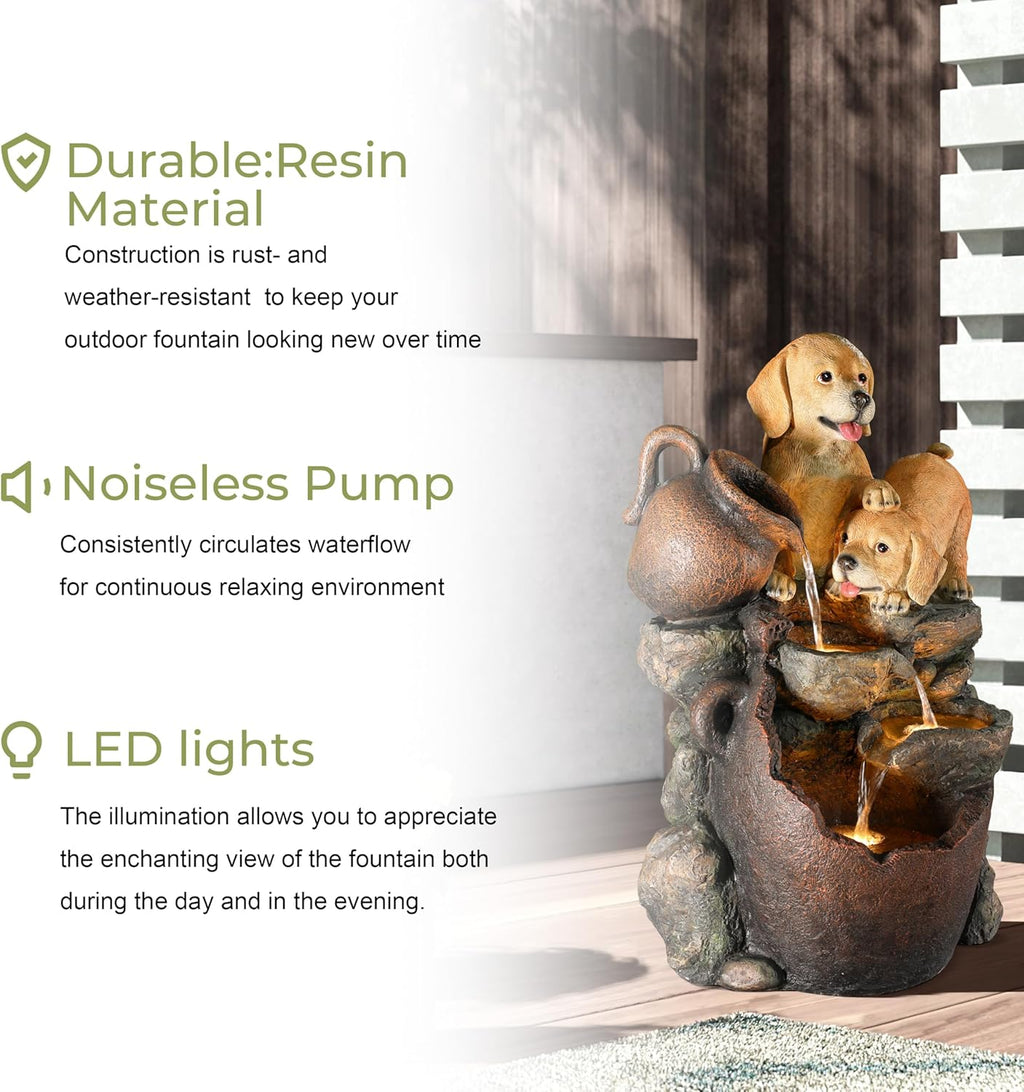 LuxenHome Outdoor Water Fountain, 25 Inch Puppy and Pitchers Pot Resin Water Fountains Indoor with LED Lights, Farmhouse Waterfall Outdoor, Indoor Fountains and Waterfalls for Patio, Garden Decor