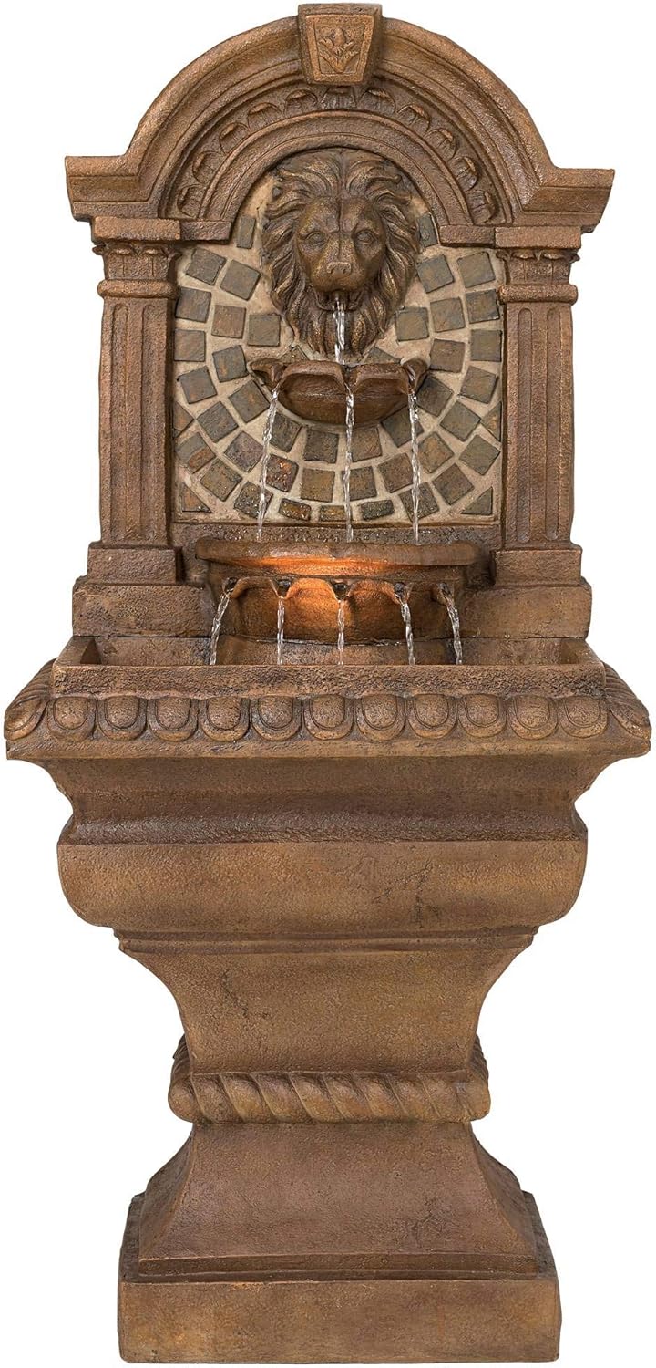 Royal Lions Head 51" High Large Italian Outdoor Decor Faux Stone Floor Fountain with Light Statue Waterfall Standing Tiered Water Feature for Outside Garden Patio Yard Backyard Porch - John Timberland
