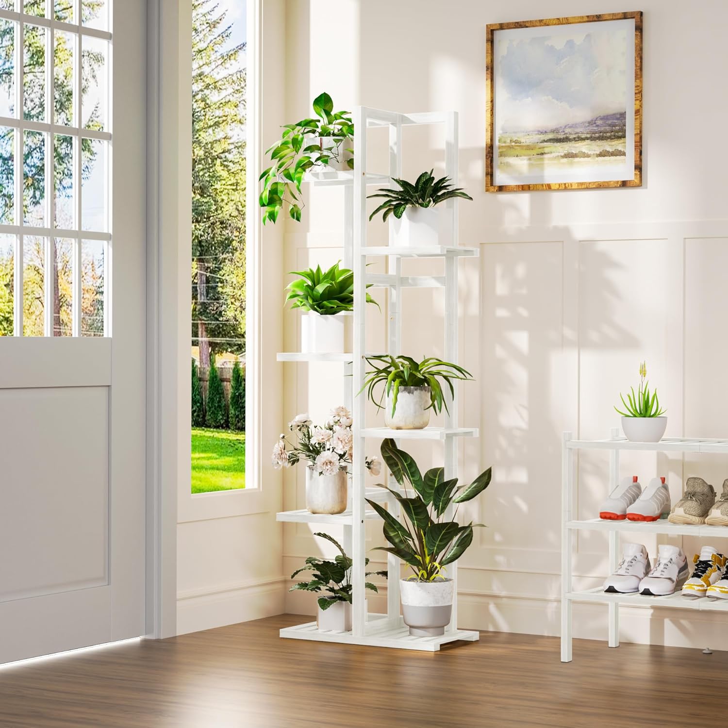 6 Tier Bamboo Plant Stand Indoor, Wood Tall Flower Holder Corner Tiered Plant Shelf for Multiple Plants (White)