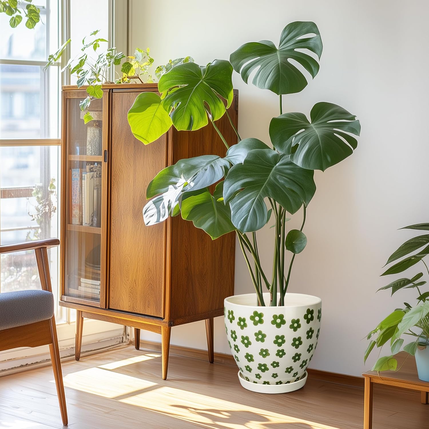 Ceramic Flower Pot - 10 Inch Plant Pot Indoor with Drainage Hole and Saucer, Boho Round Ceramic Planter for Indoor Outdoor Plants, Plant Lover Gifts, Home Garden House Decor, White