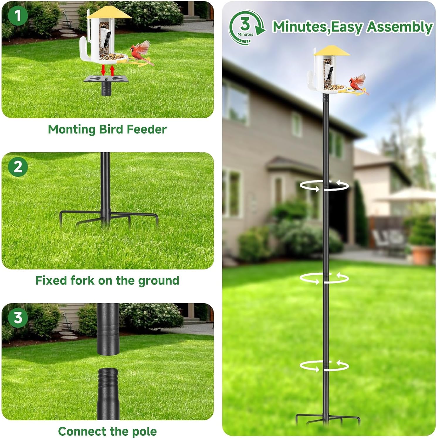 Smart Bird Feeder Pole-Heavy Duty Adjustable 3-6.6ft Universal Birdhouse Stand Mount for Backyard&Outdoor Bird Houses/Cameras (80'Pole)