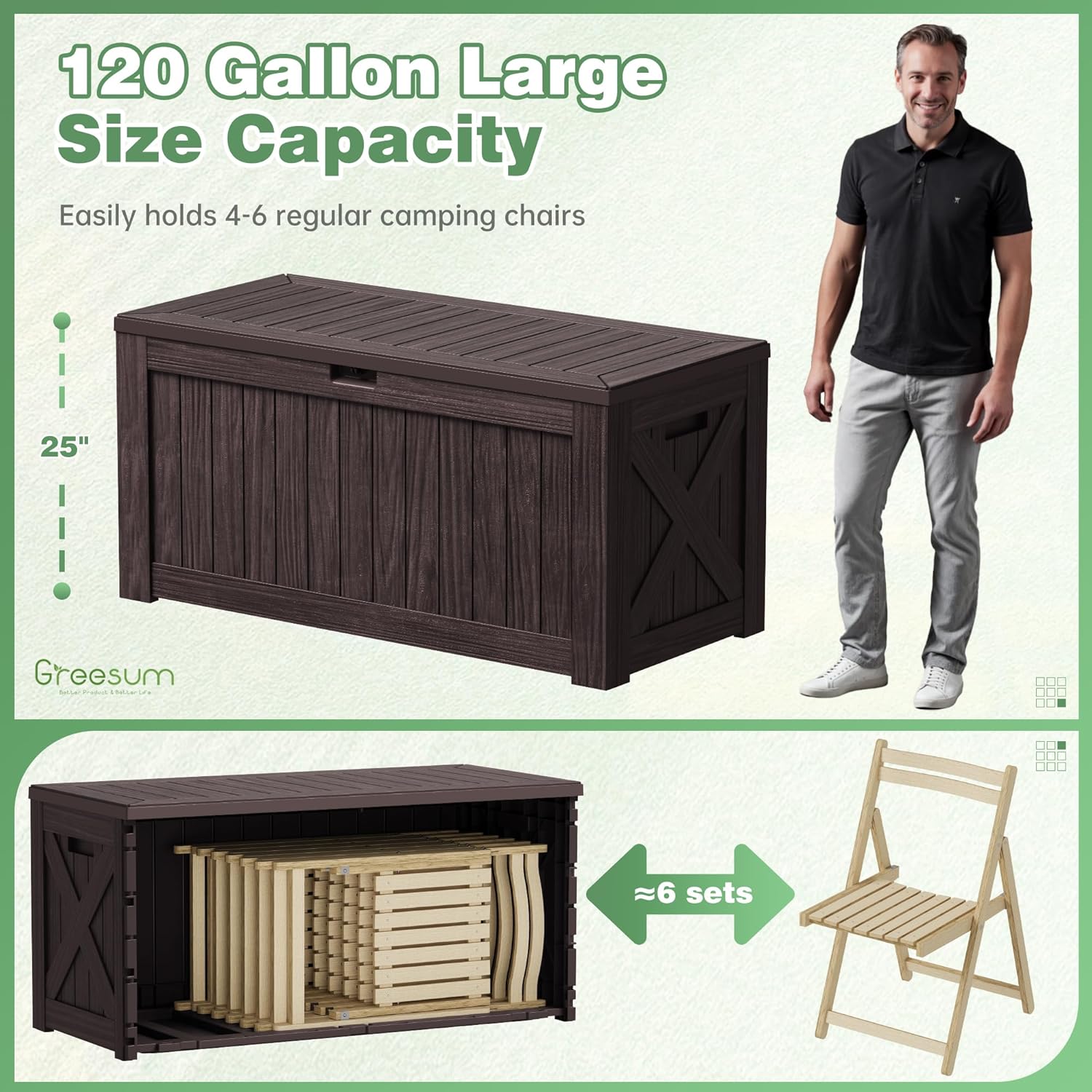 Greesum 120 Gallon Outdoor Storage Box with Lock - Large Resin Deck Box, Reinforced Lid for Garden, Patio, Lawn, Brown