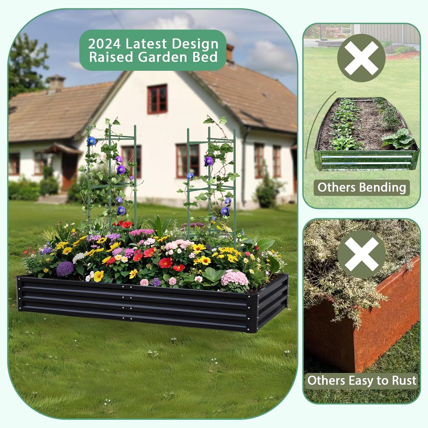 Metal Raised Garden Bed 8x4x1Ft Outdoor Large Metal Galvanized Planter Boxes Kit for Vegetables, Flowers, and Herbs,Garden Beds with 2Pcs Tomato Cage 1Pc Gloves,Black