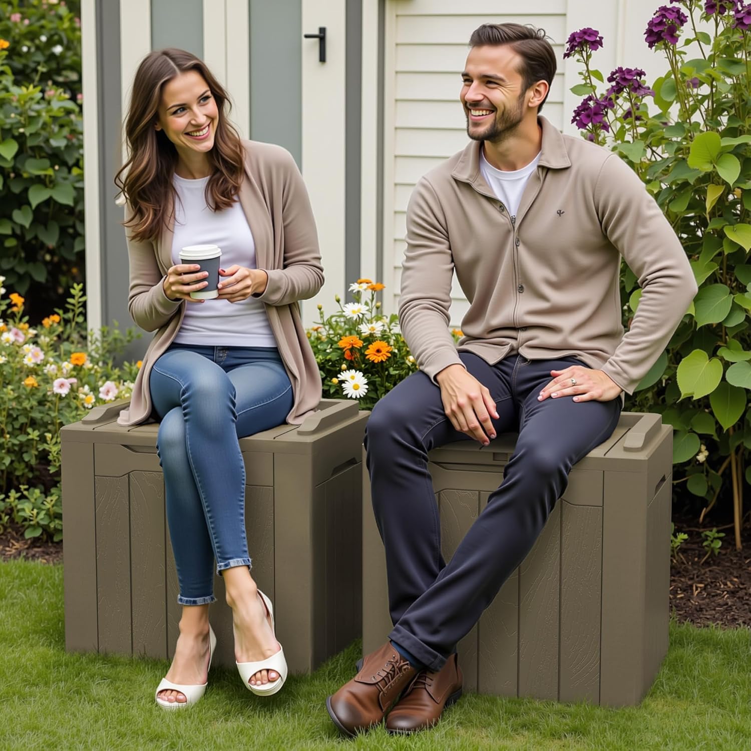 Greesum 31 Gallon Deck Box for Outside, All Weather Outdoor Storage Boxes for Patio Furniture Set, Package Delivery Box, Garden Tools, Light Coffee(Set of 2)