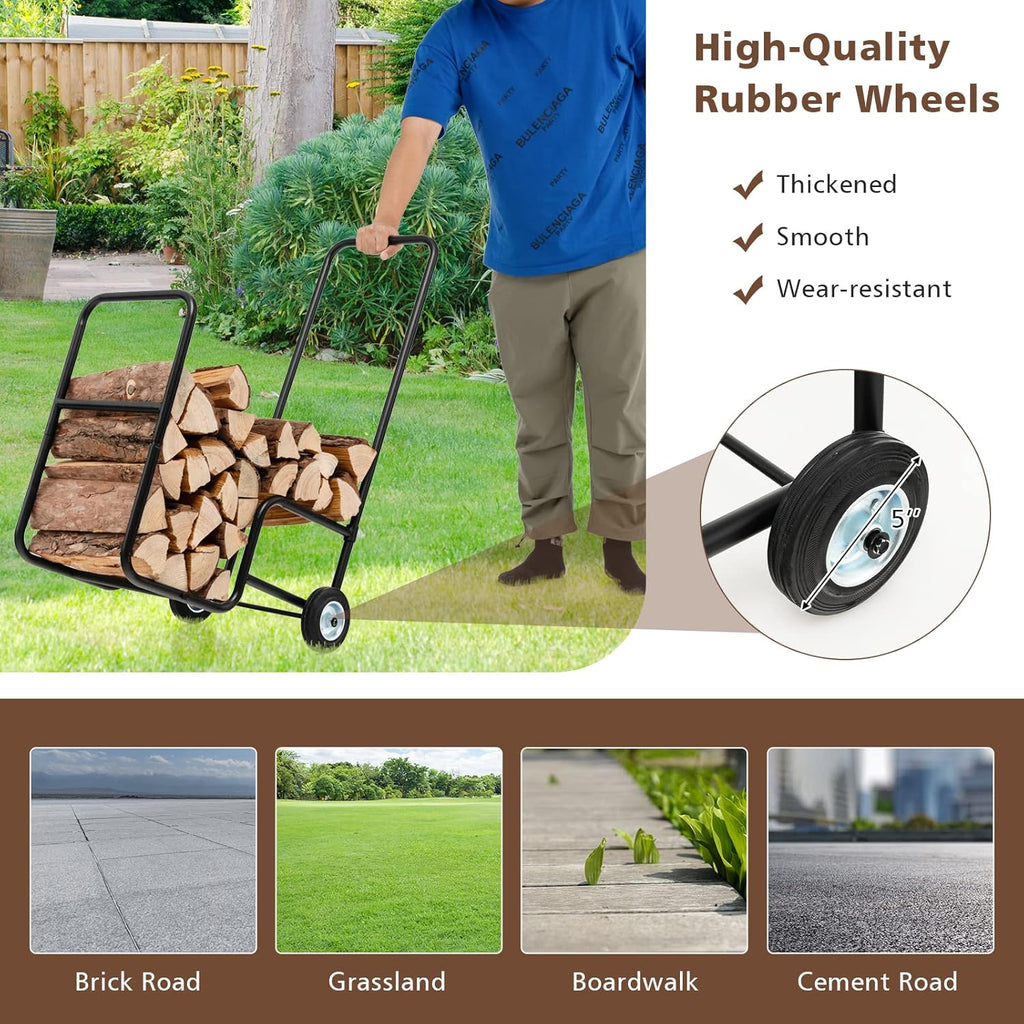 S AFSTAR Firewood Log Cart Carrier, 35” Height Wood Rack Storage Mover w/2 Rubber Wheels & Ergonomic Handle, Heavy-Duty Steel Fireplace Log Carrier Mover, Rolling Firewood Cart for Indoor Outdoor