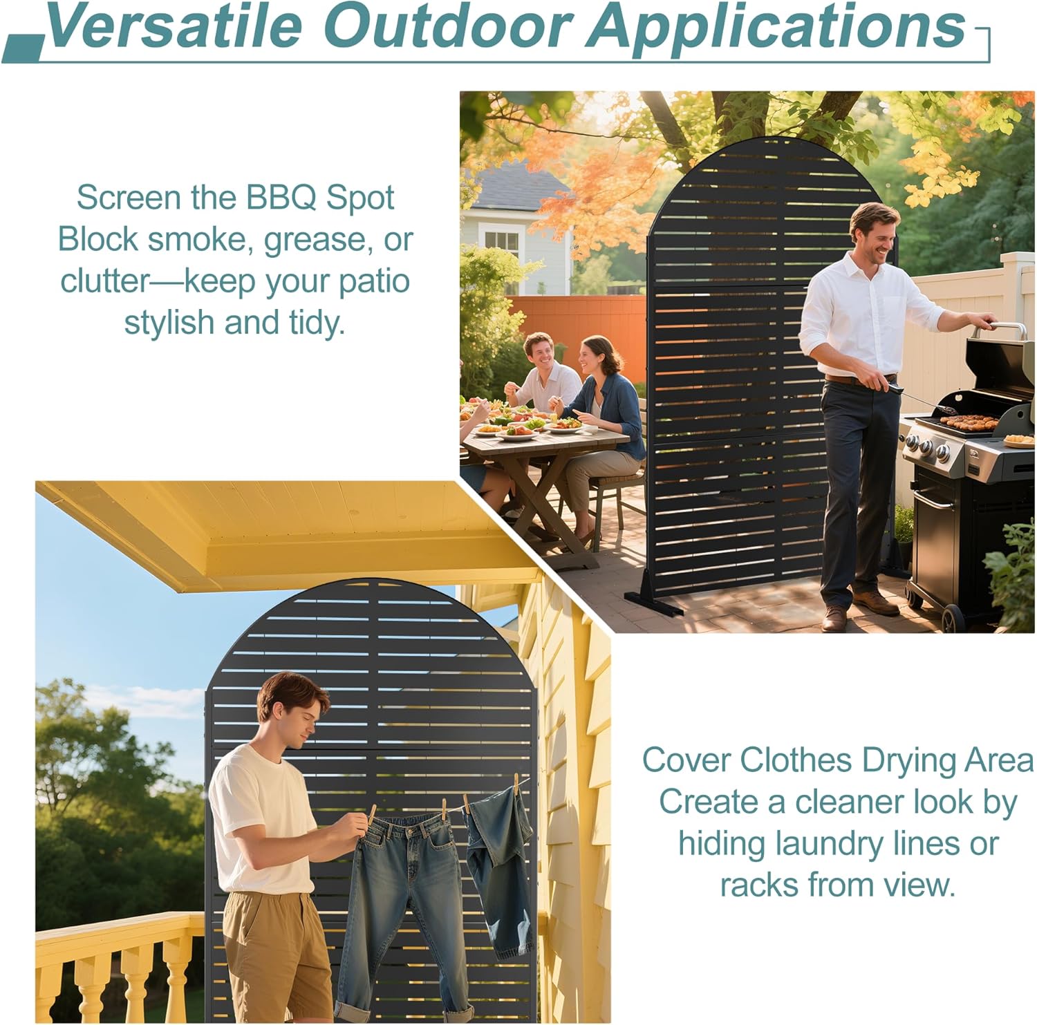 FENCY Metal Privacy Screen with Stand 72" H×47" W Outdoor Freestanding Privacy Panels, Arched Outdoor Privacy Screen for Deck Patio Balcony(Black-Louvered)