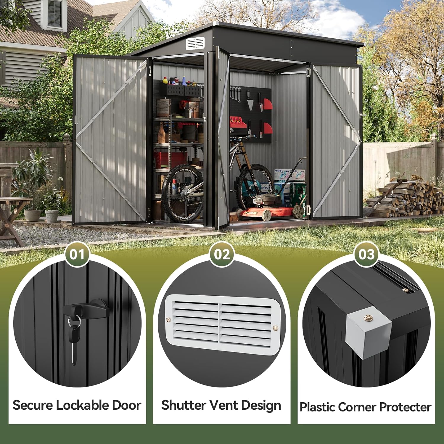 Aoxun 7' x 4' Shed 140 CU.FT Outdoor Waterproof Storage Shed with Triple Lockable Door Garden Metal Tool Shed for Outside