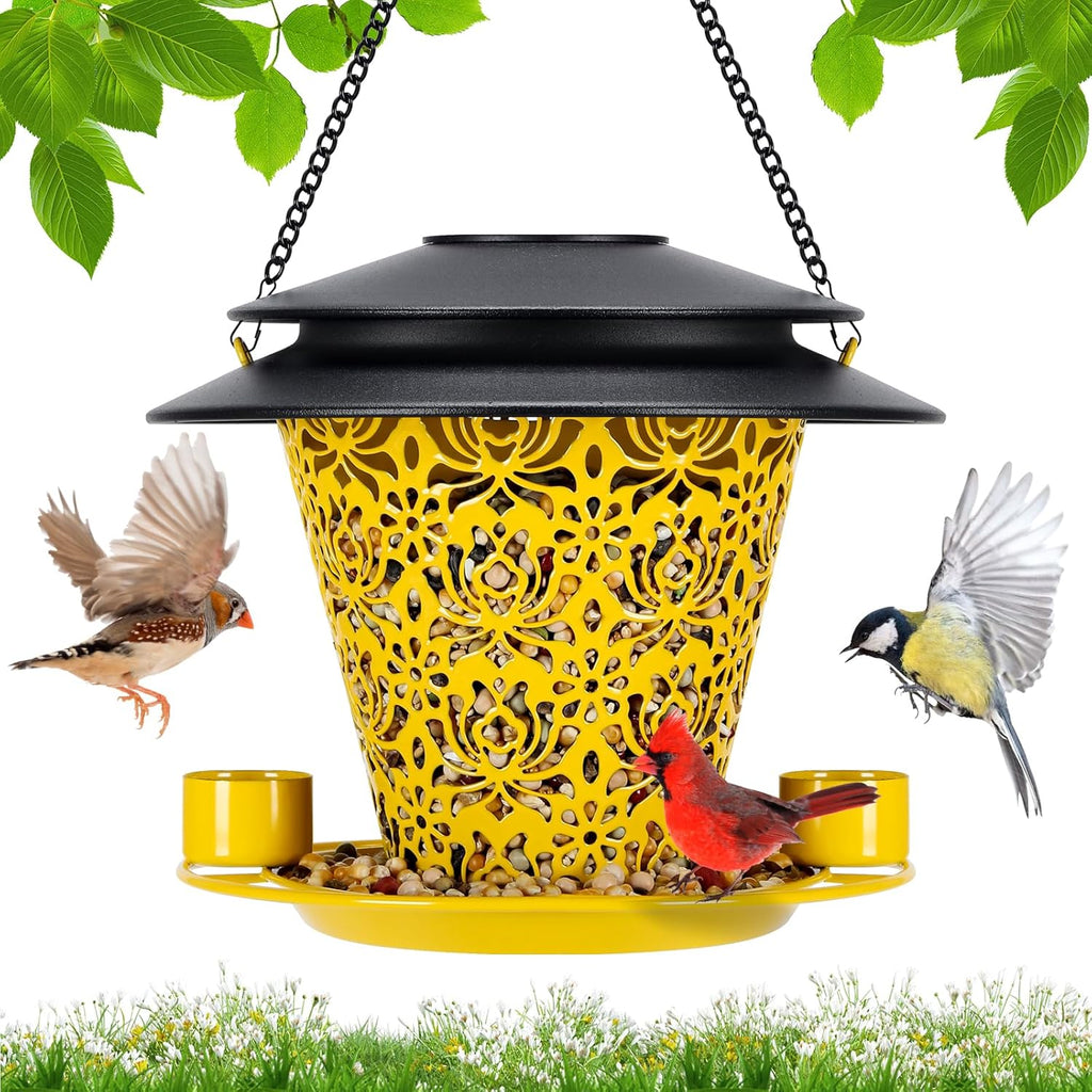 Solar Bird Feeders for Outside Hanging Metal Wild Bird Feeder Solar Lanterns Outdoor Waterproof Garden Decor for Yard Yellow