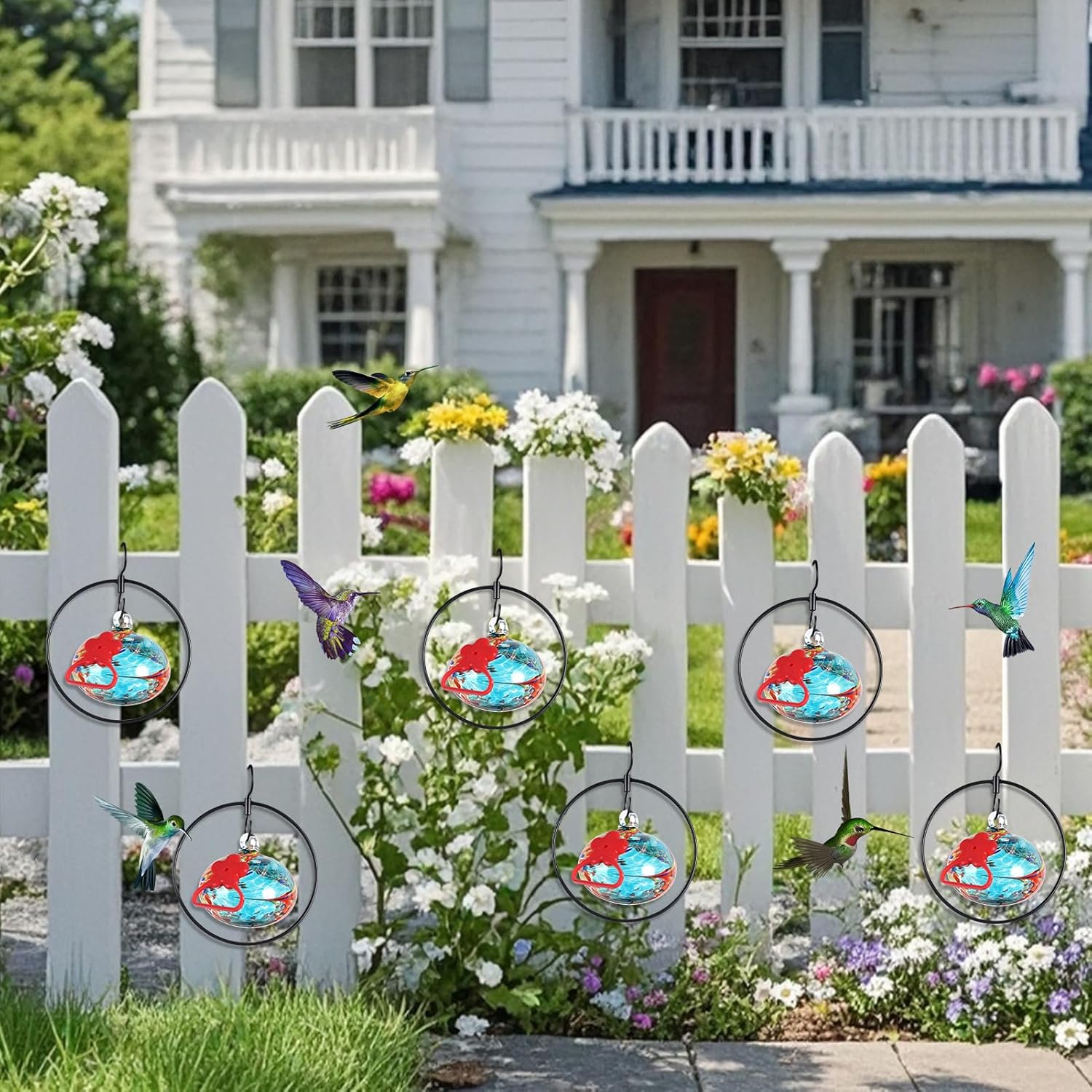 Flexible 6-Circular Hummingbird feeders for Outdoors Hanging Ant and Bee Proof,Hand Blown Glass Hummingbird Feeder with 6 Adjustable Silicone Perch(Blue)