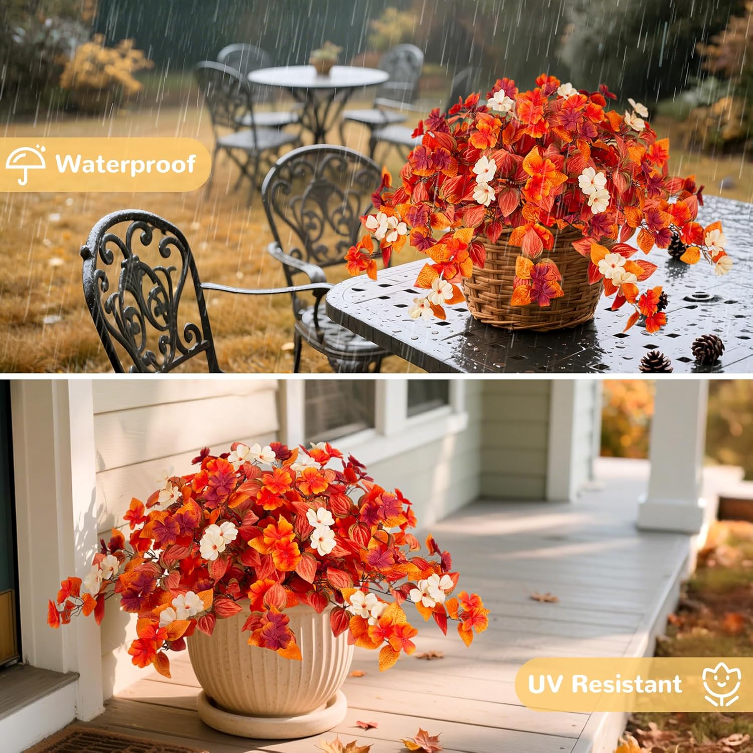 Fake Fall Flowers Artificial for Decoration 2PCS Faux Silk Fall Flowers Plants for Outdoors Outside Planters UV Resistant Looks Real for Front Door Porch Patio Garden Decor