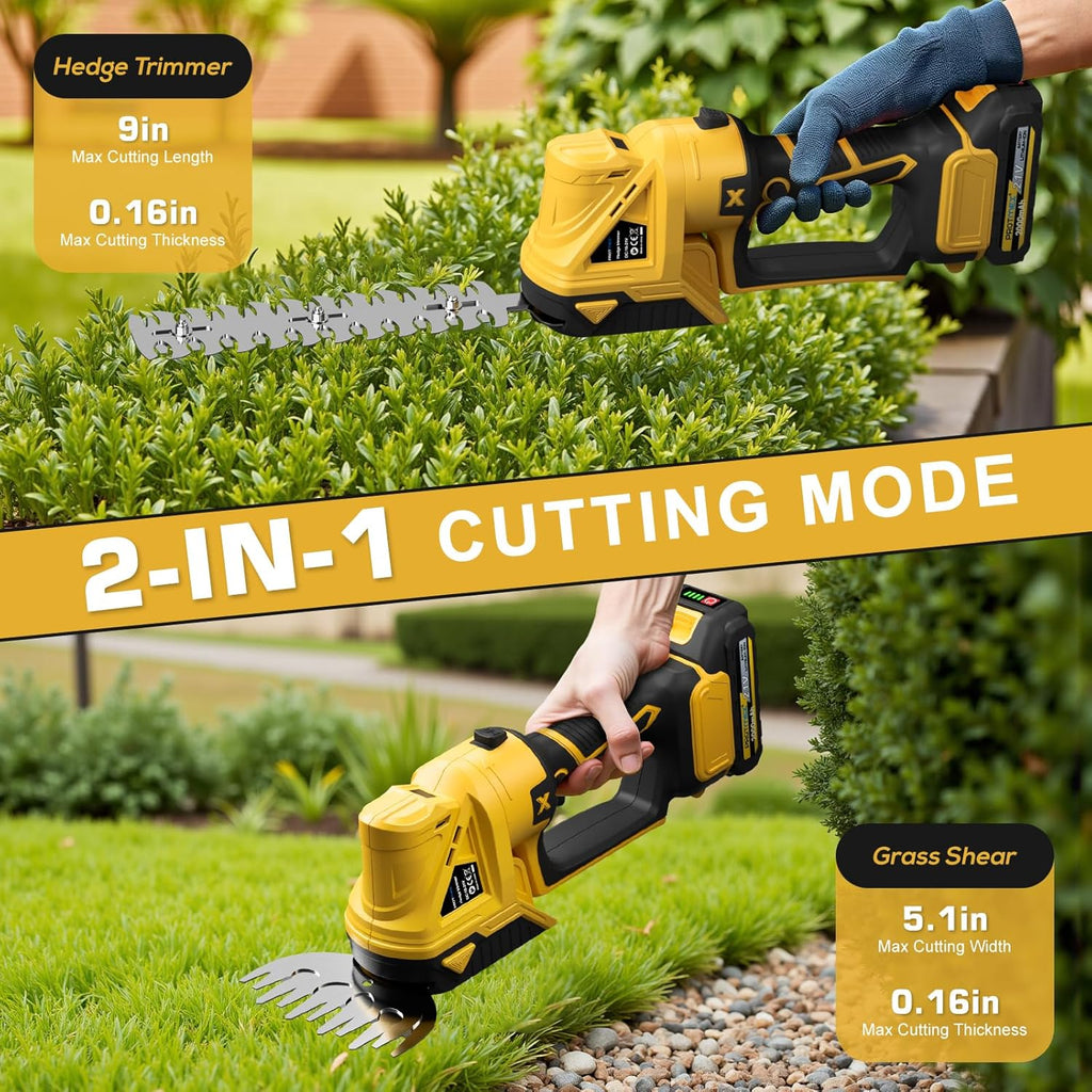 Cordless Hedge Trimmer, 21V Electric Hedge Trimmer, 2 in 1 Handheld Grass Shear & Shrubbery Trimmer with 2 * 2.0Ah Batteries & Charger for Garden, Lawn
