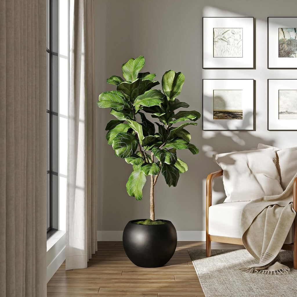 DTY Signature Mount Sherman Lightweight Durable Modern Fiberstone Sphere Planter for Indoor & Outdoor Drainage Hole & Rubber Plug Weather Resistant, 13.5" H x 17" Dia, 12" Opening- Medium, Black