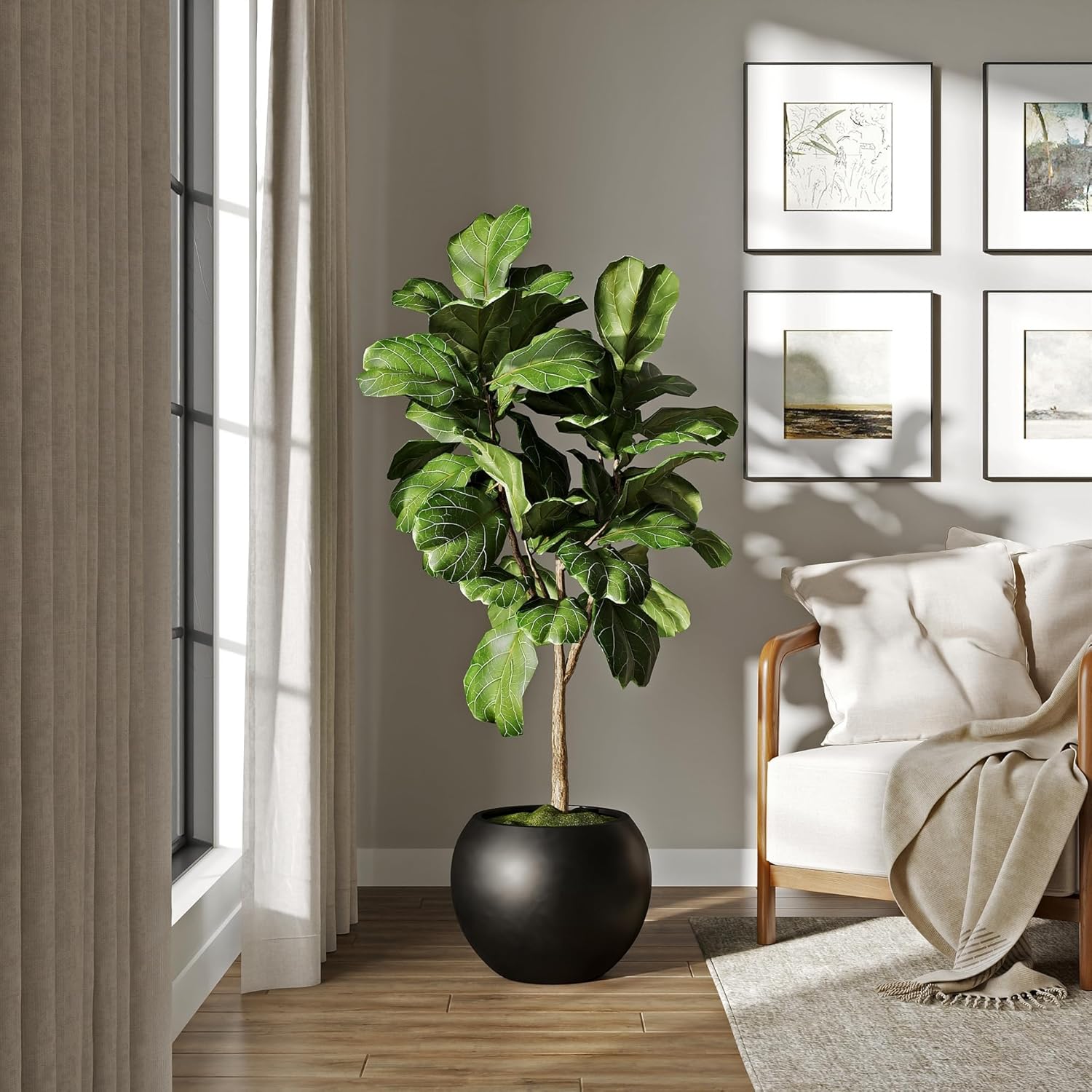 DTY Signature Mount Sherman Lightweight Durable Modern Fiberstone Sphere Planter for Indoor & Outdoor Drainage Hole & Rubber Plug Weather Resistant, 13.5" H x 17" Dia, 12" Opening- Medium, Black